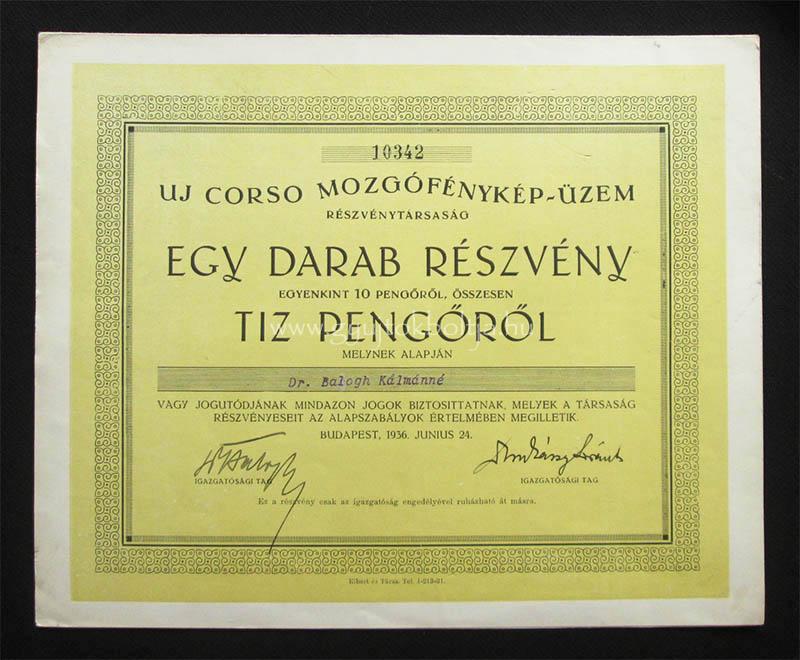 Uj Corso Mozgófénykép-Üzem 10 pengõ 1936 /ma Pesti Színház/